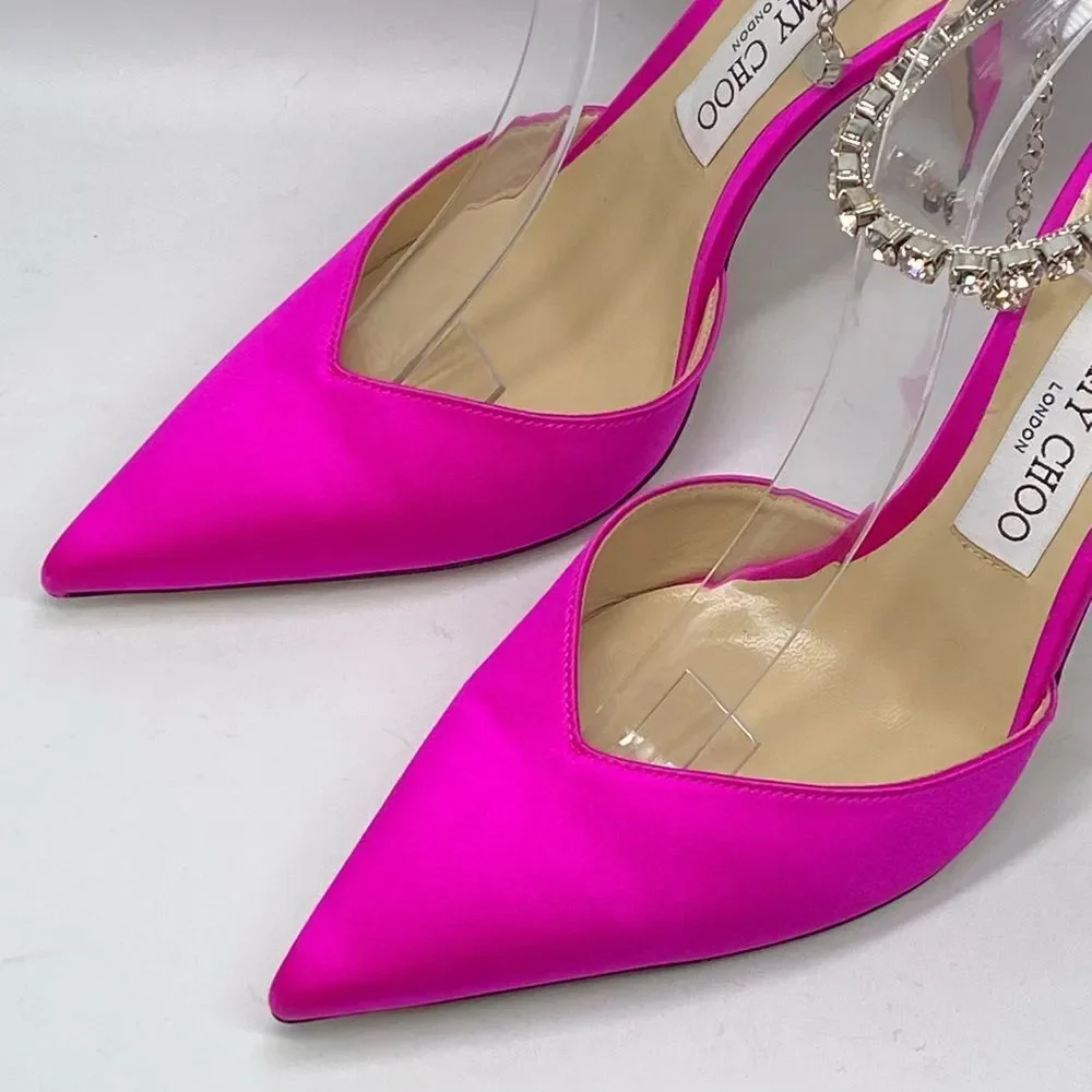 Jimmy Choo Saeda 100mm Satin Crystal Ankle-Strap Pumps size 39